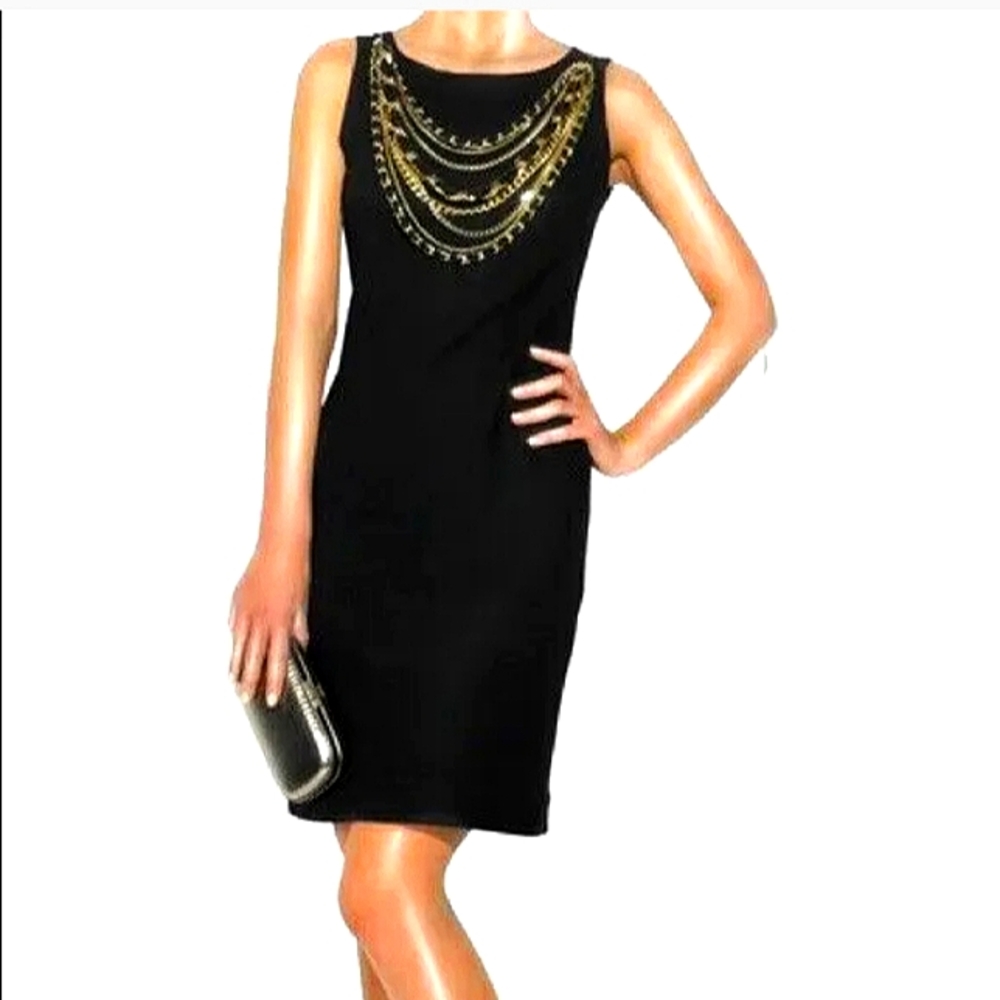 Tory Burch Milano Nova Sleeveless Gold Chain 100% Wool Sheath Career Dress